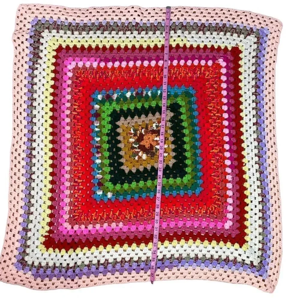 Vintage Afghan-Granny Blanket Multi Color Handmade 36x36 Boho 70s Sm Throw EUC